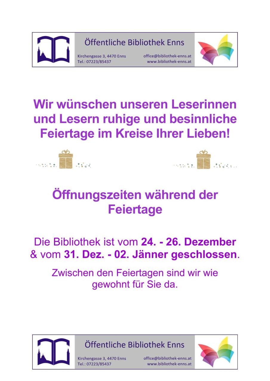 Weihnachtsöffnungszeiten 2025