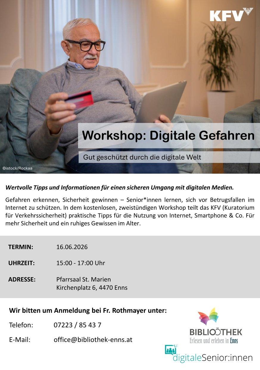 Plakat für Workshop für Senior*innen - Digitale Gefahren