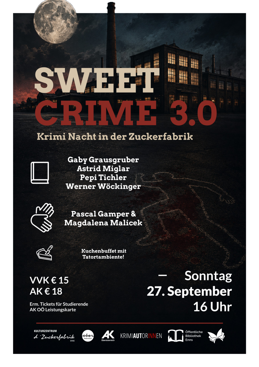 Plakat Lesung in Zuckerfabrik mit Gebärdendolmetscher