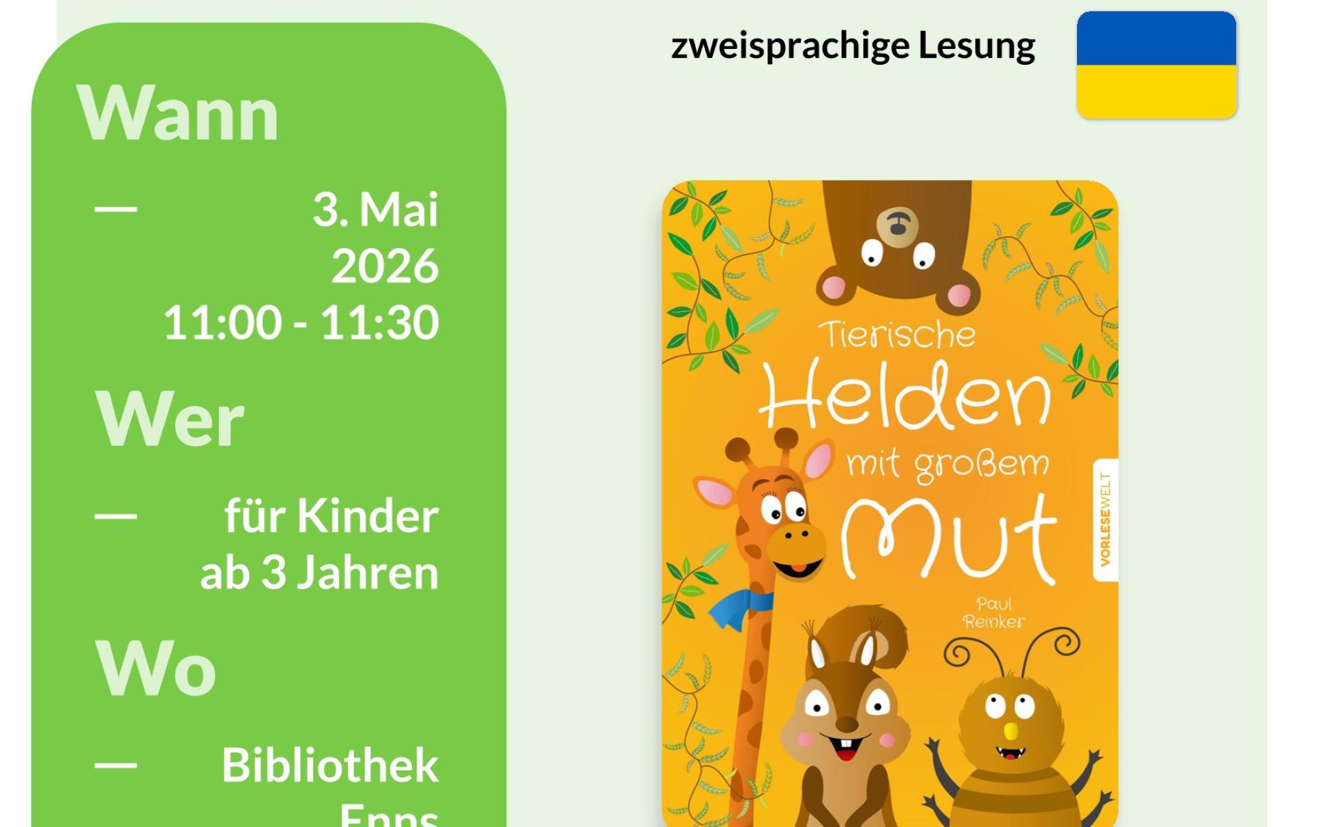 Plakat zum Vorleseglück im Mai - Zweisprachige Lesung Dt./Ukrainisch