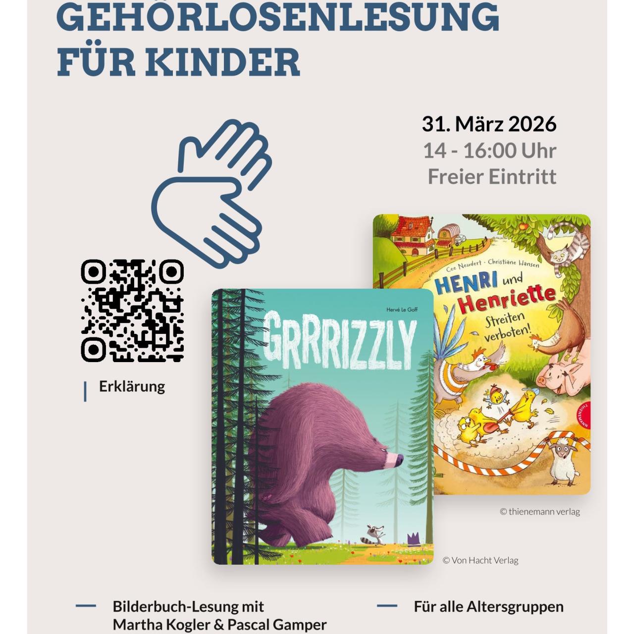 Plakat Gebärdensprache Lesung für Kinder in den Osterferien