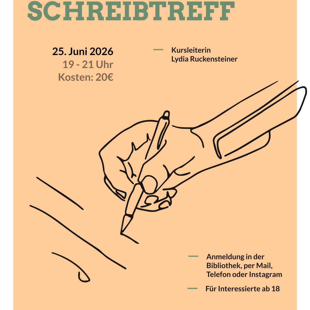 Plakat Schreibtreff mit Lydia Ruckensteiner im Juni in der Bibliothek Enns