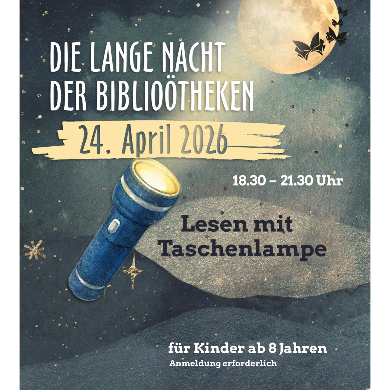 Plakat Lange Nacht mit Lesen bei Taschenlampe-Schein